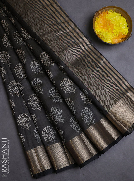 Semi raw silk saree black with allover floral butta prints and zari woven border