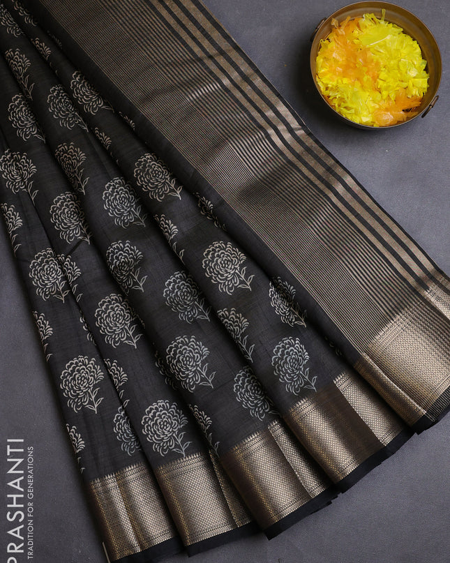 Semi raw silk saree black with allover floral butta prints and zari woven border
