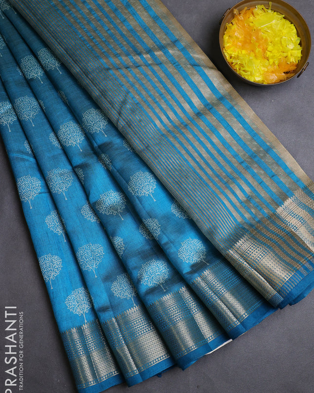 Semi raw silk saree cs blue with allover butta prints and zari woven border