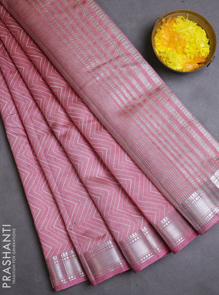 Semi raw silk saree pastel pink with allover zig zag prints and zari woven border