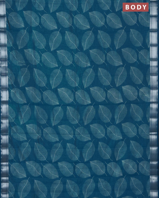 Semi raw silk saree cs blue with allover leaf butta prints and zari woven border