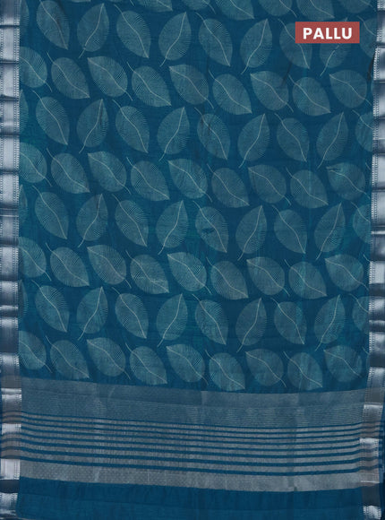Semi raw silk saree cs blue with allover leaf butta prints and zari woven border