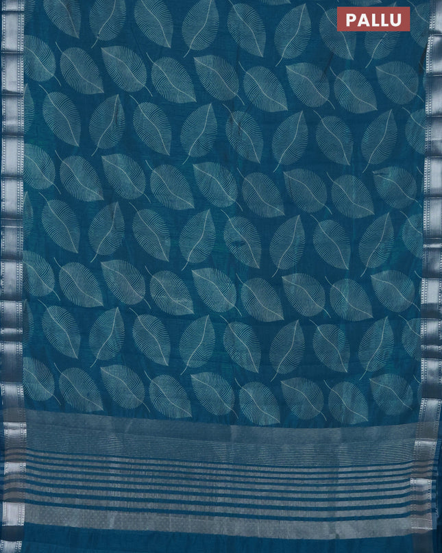 Semi raw silk saree cs blue with allover leaf butta prints and zari woven border