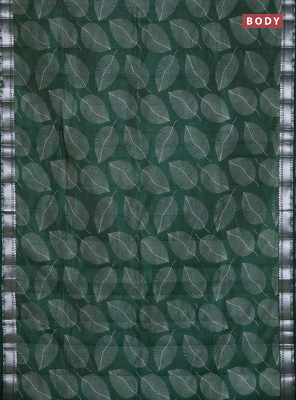 Semi raw silk saree bottle green with allover leaf butta prints and zari woven border