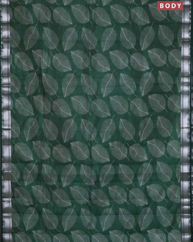 Semi raw silk saree bottle green with allover leaf butta prints and zari woven border