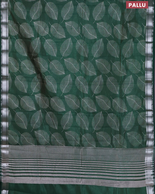 Semi raw silk saree bottle green with allover leaf butta prints and zari woven border