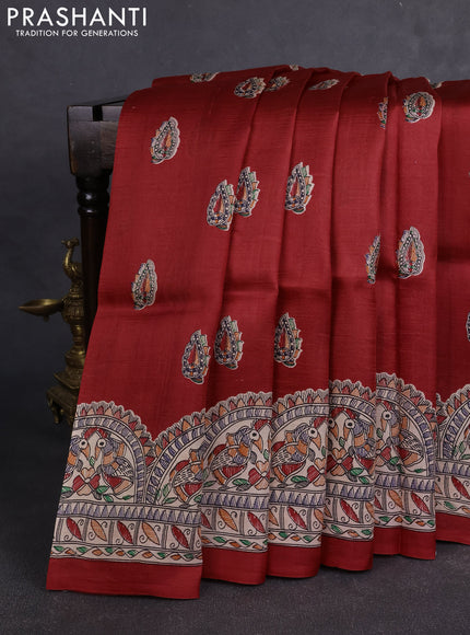 Madhubai printed silk saree red and cream with butta prints and madhubani printed border