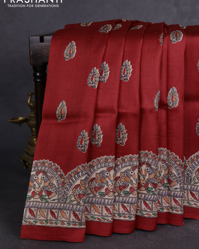Madhubai printed silk saree red and cream with butta prints and madhubani printed border
