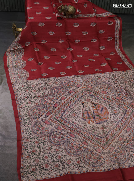Madhubai printed silk saree red and cream with butta prints and madhubani printed border