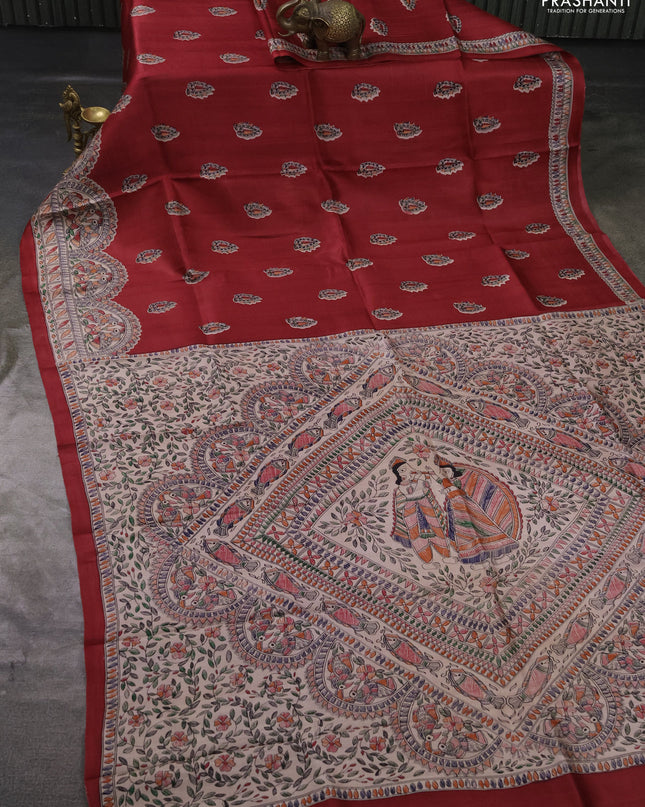 Madhubai printed silk saree red and cream with butta prints and madhubani printed border