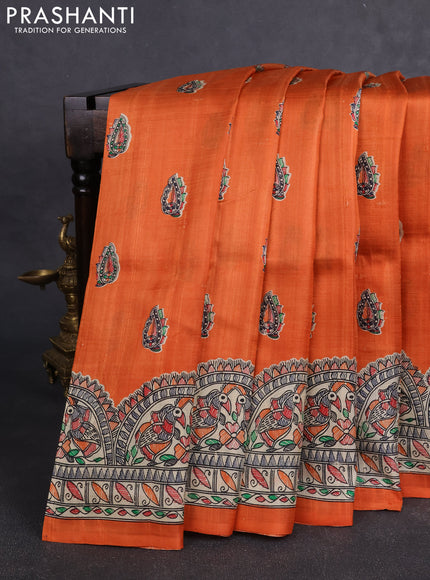 Madhubai printed silk saree orange and cream with butta prints and madhubani printed border