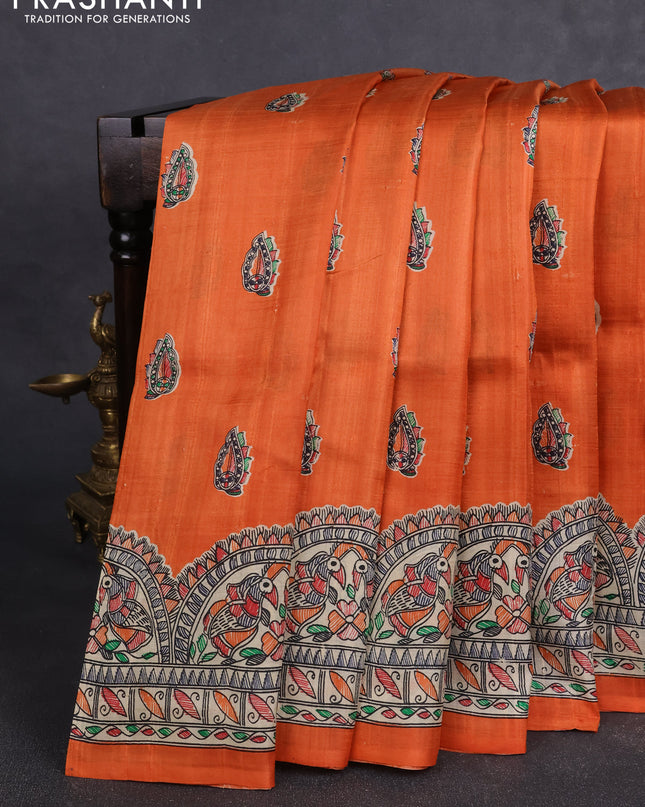 Madhubai printed silk saree orange and cream with butta prints and madhubani printed border