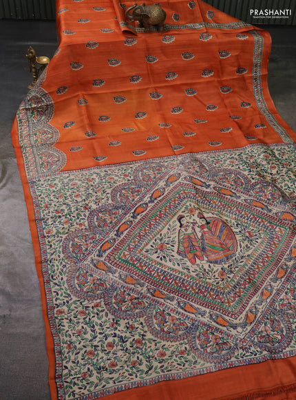Madhubai printed silk saree orange and cream with butta prints and madhubani printed border