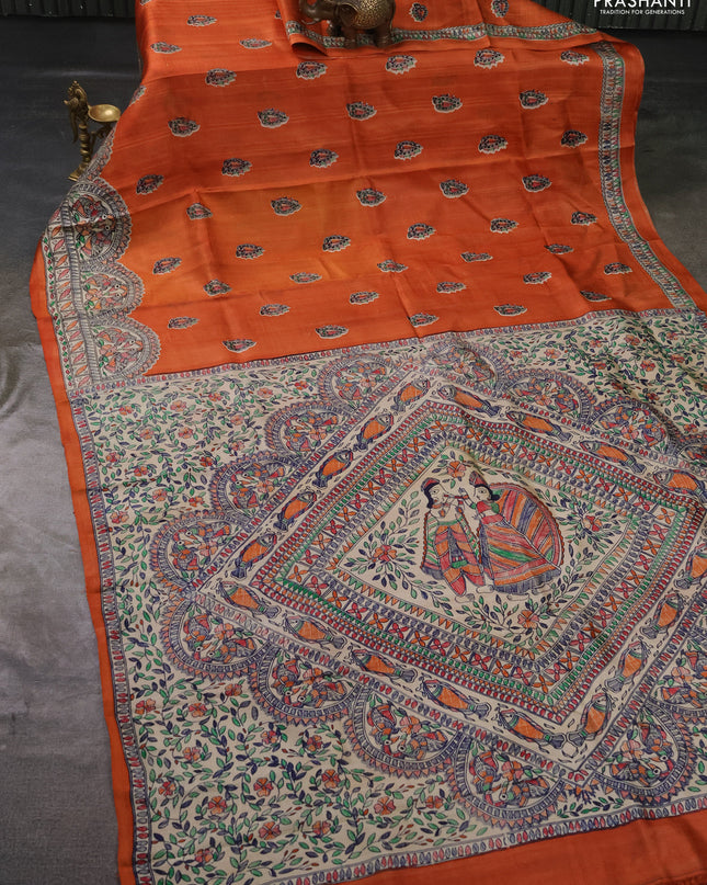 Madhubai printed silk saree orange and cream with butta prints and madhubani printed border