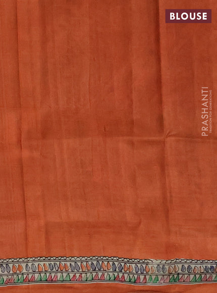 Madhubai printed silk saree orange and cream with butta prints and madhubani printed border