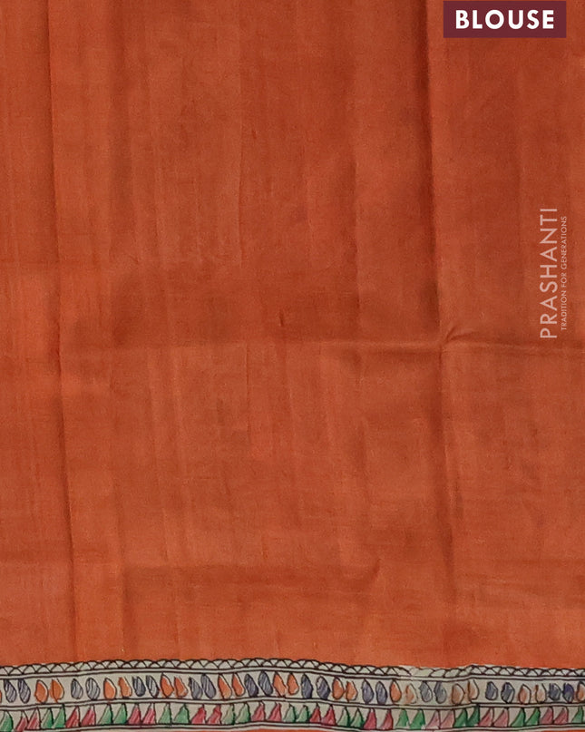 Madhubai printed silk saree orange and cream with butta prints and madhubani printed border