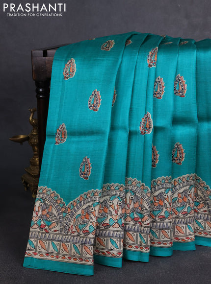 Madhubai printed silk saree teal green and cream with butta prints and madhubani printed border