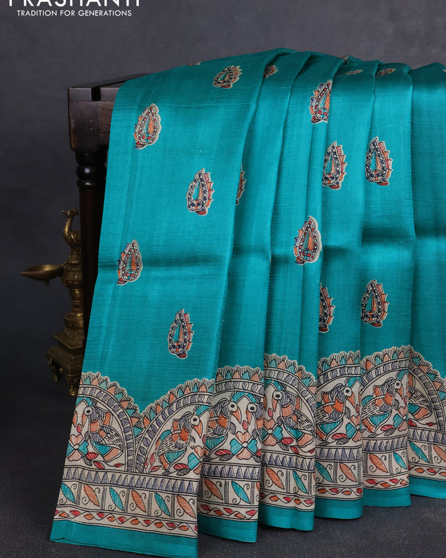 Madhubai printed silk saree teal green and cream with butta prints and madhubani printed border
