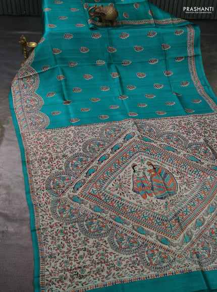 Madhubai printed silk saree teal green and cream with butta prints and madhubani printed border