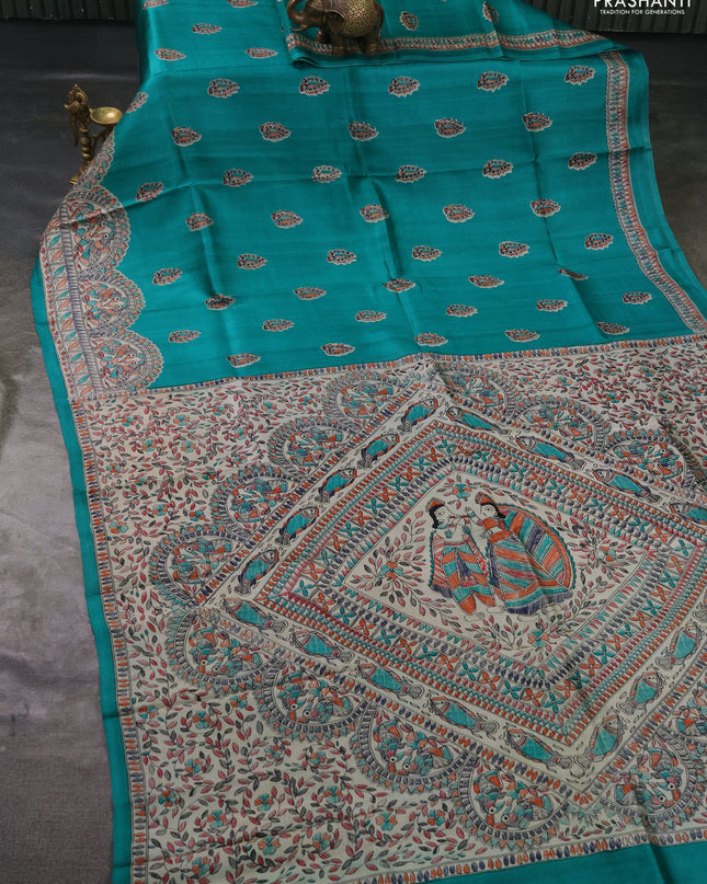 Madhubai printed silk saree teal green and cream with butta prints and madhubani printed border