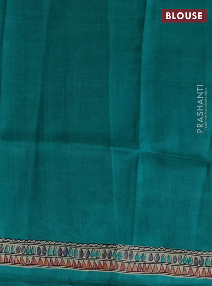Madhubai printed silk saree teal green and cream with butta prints and madhubani printed border
