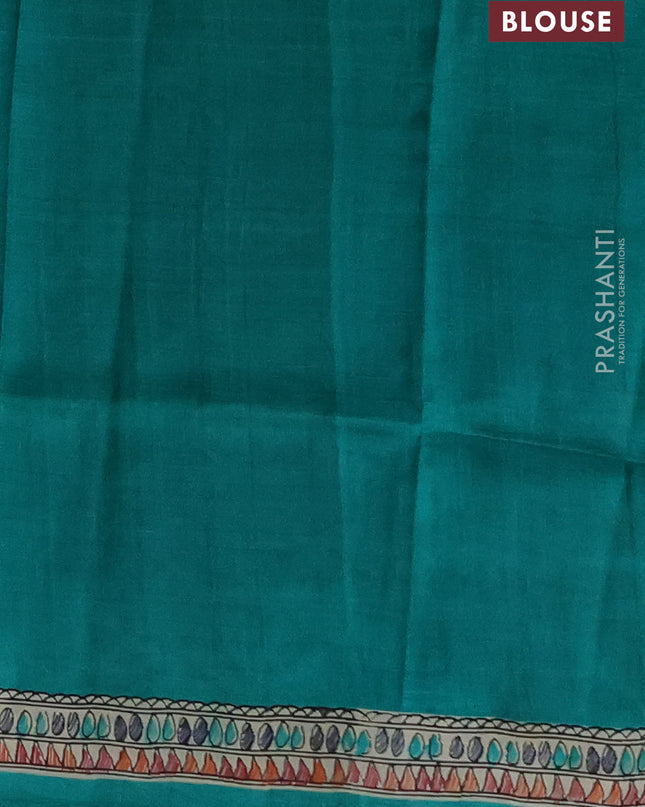 Madhubai printed silk saree teal green and cream with butta prints and madhubani printed border