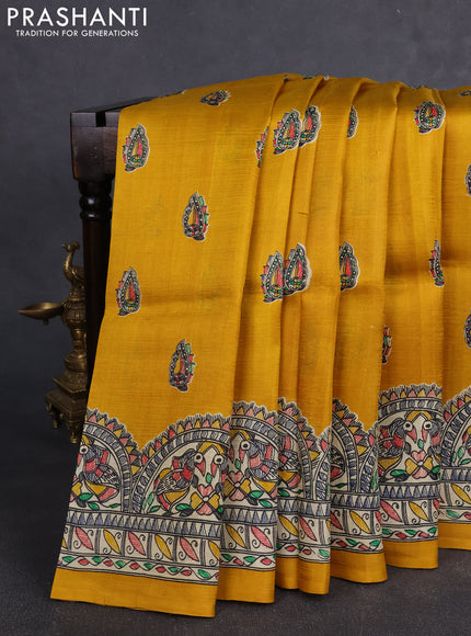 Madhubai printed silk saree mustard yellow and cream with butta prints and madhubani printed border