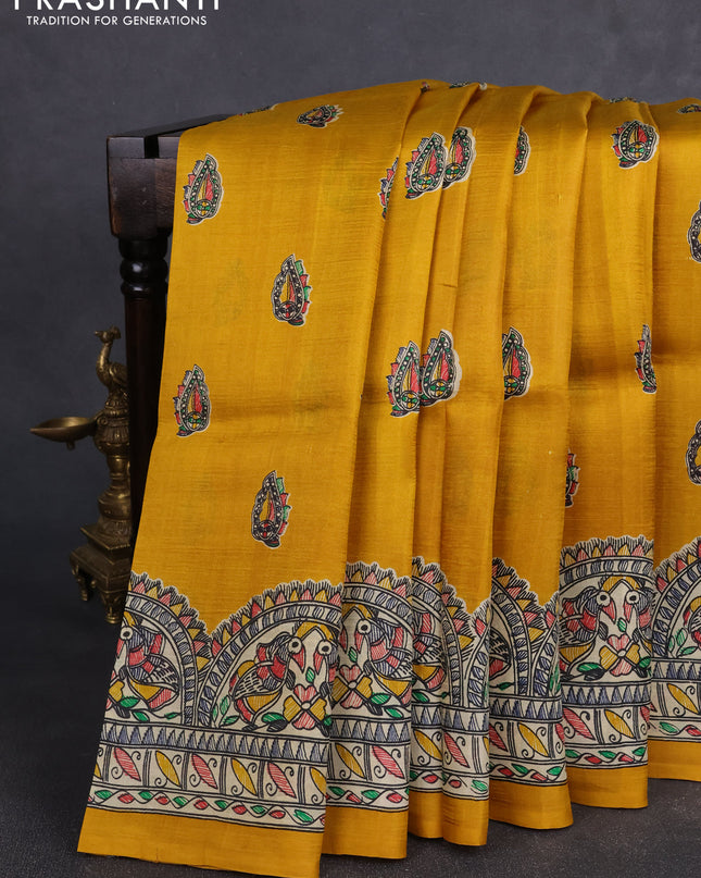 Madhubai printed silk saree mustard yellow and cream with butta prints and madhubani printed border