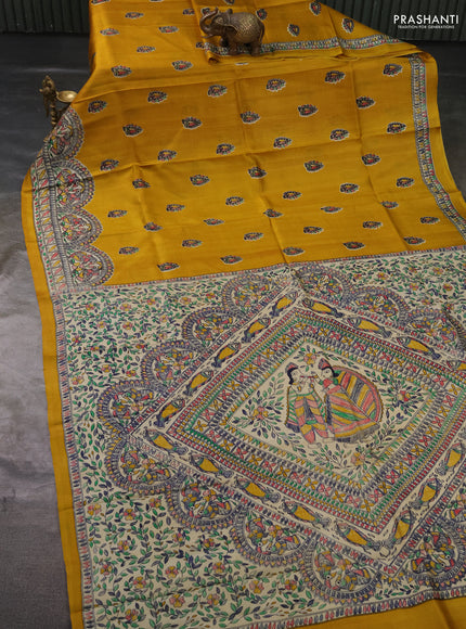 Madhubai printed silk saree mustard yellow and cream with butta prints and madhubani printed border