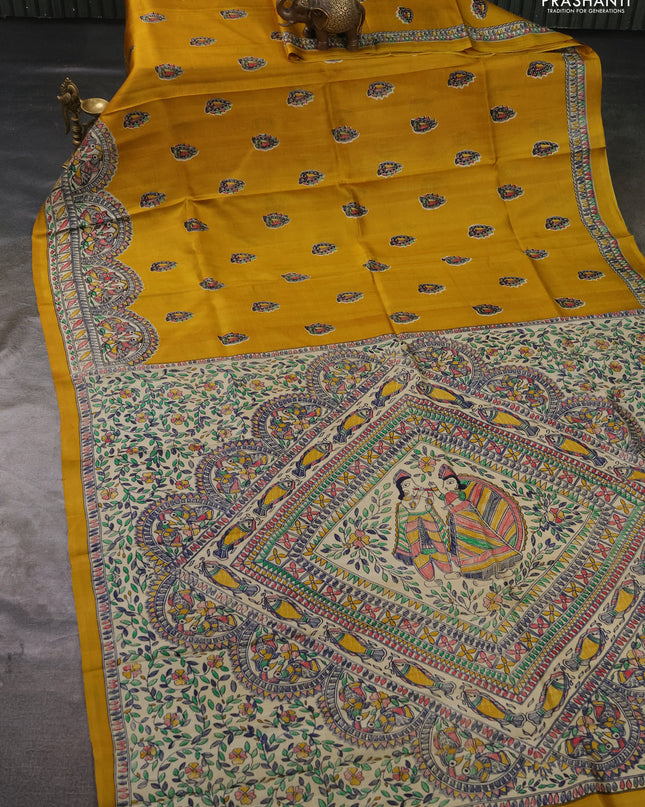 Madhubai printed silk saree mustard yellow and cream with butta prints and madhubani printed border