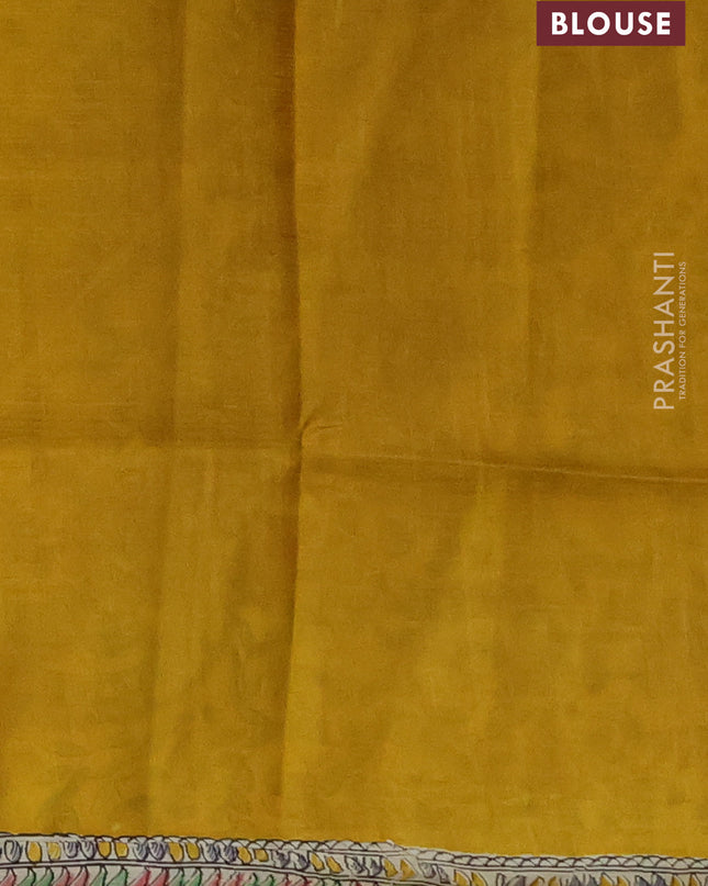 Madhubai printed silk saree mustard yellow and cream with butta prints and madhubani printed border