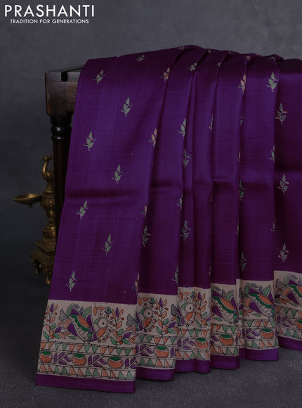 Madhubai printed silk saree purple and cream with butta prints and madhubani printed border