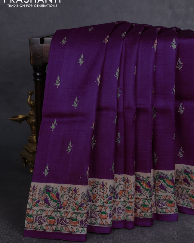 Madhubai printed silk saree purple and cream with butta prints and madhubani printed border