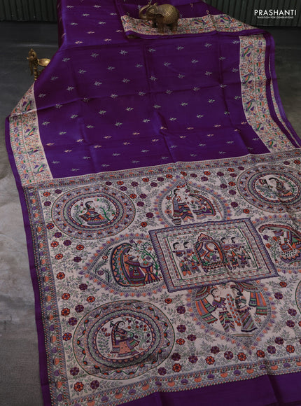 Madhubai printed silk saree purple and cream with butta prints and madhubani printed border