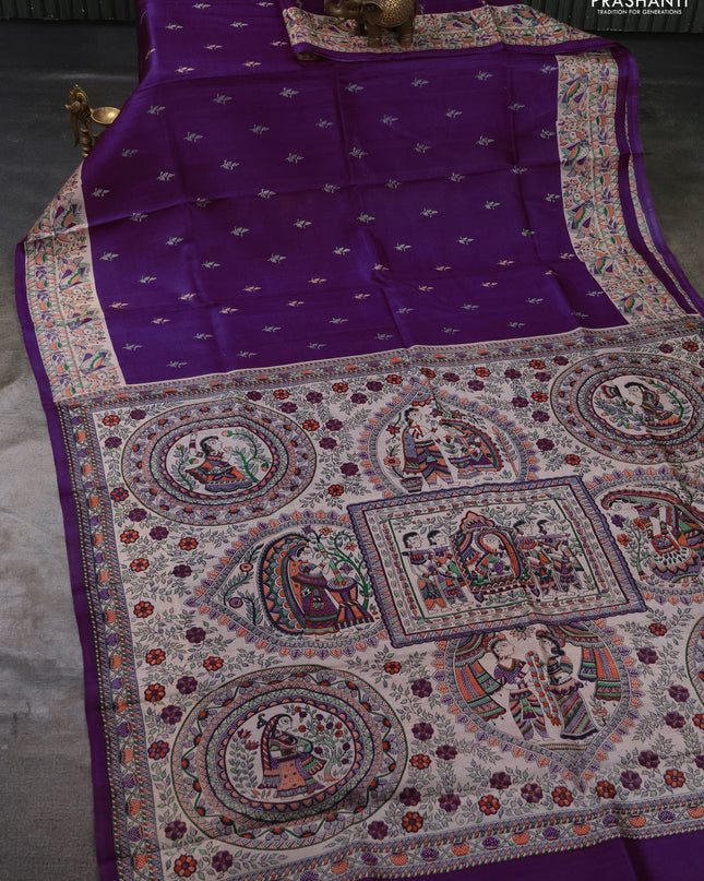 Madhubai printed silk saree purple and cream with butta prints and madhubani printed border
