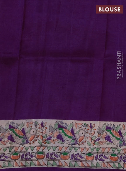 Madhubai printed silk saree purple and cream with butta prints and madhubani printed border