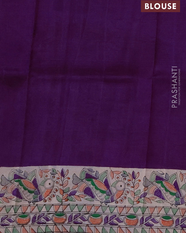 Madhubai printed silk saree purple and cream with butta prints and madhubani printed border