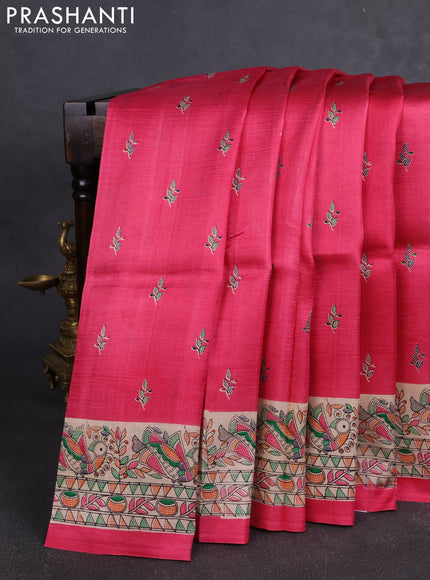 Madhubai printed silk saree pink and cream with butta prints and madhubani printed border