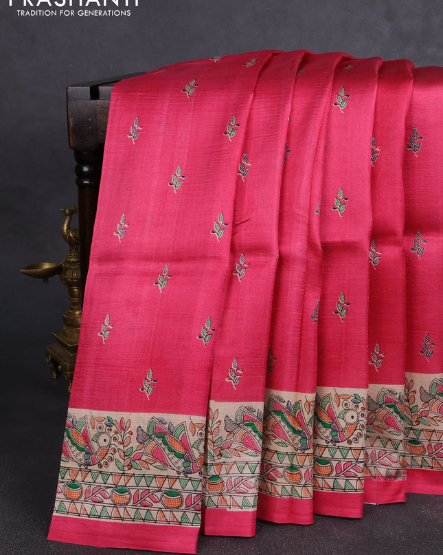 Madhubai printed silk saree pink and cream with butta prints and madhubani printed border