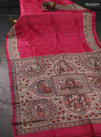 Madhubai printed silk saree pink and cream with butta prints and madhubani printed border