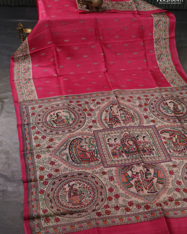 Madhubai printed silk saree pink and cream with butta prints and madhubani printed border