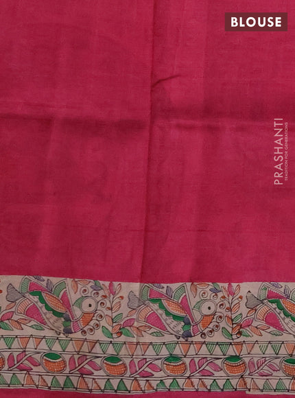 Madhubai printed silk saree pink and cream with butta prints and madhubani printed border