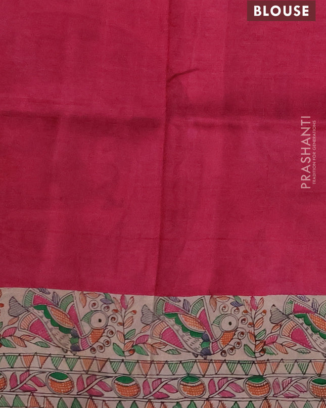 Madhubai printed silk saree pink and cream with butta prints and madhubani printed border