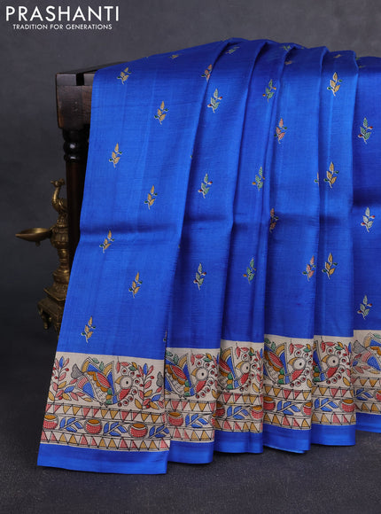 Madhubai printed silk saree blue and cream with butta prints and madhubani printed border