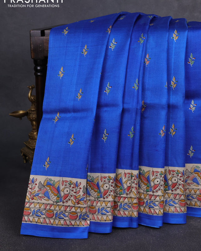 Madhubai printed silk saree blue and cream with butta prints and madhubani printed border