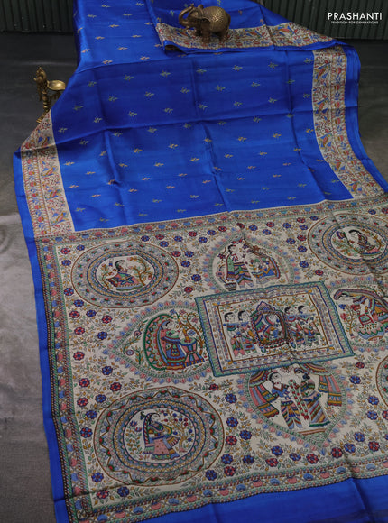 Madhubai printed silk saree blue and cream with butta prints and madhubani printed border