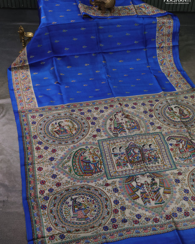 Madhubai printed silk saree blue and cream with butta prints and madhubani printed border