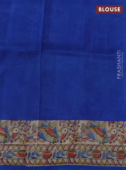 Madhubai printed silk saree blue and cream with butta prints and madhubani printed border