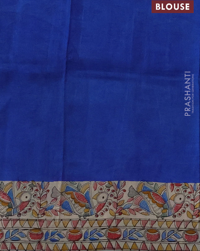 Madhubai printed silk saree blue and cream with butta prints and madhubani printed border