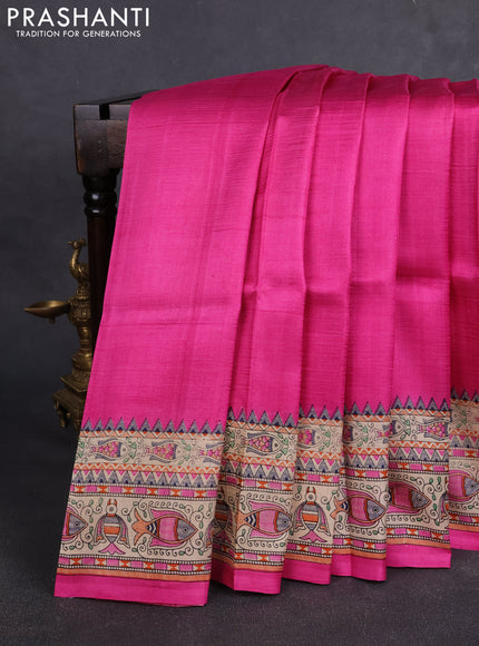 Madhubai printed silk saree pink and beige with plain body and madhubani printed border